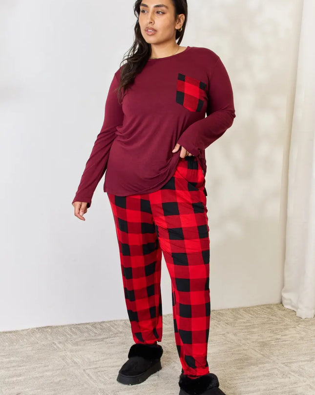 Zenana Full Size Plaid Round Neck Top and Pants Pajama Set