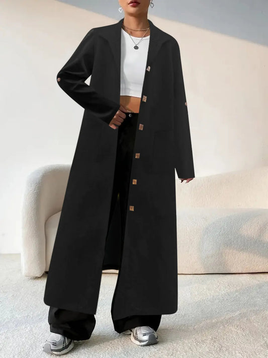 Lapel Collar Button-Front Longline Coat Black