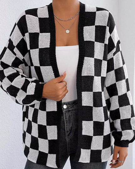 Checkerboard Pattern Open Front Knit Cardigan Black