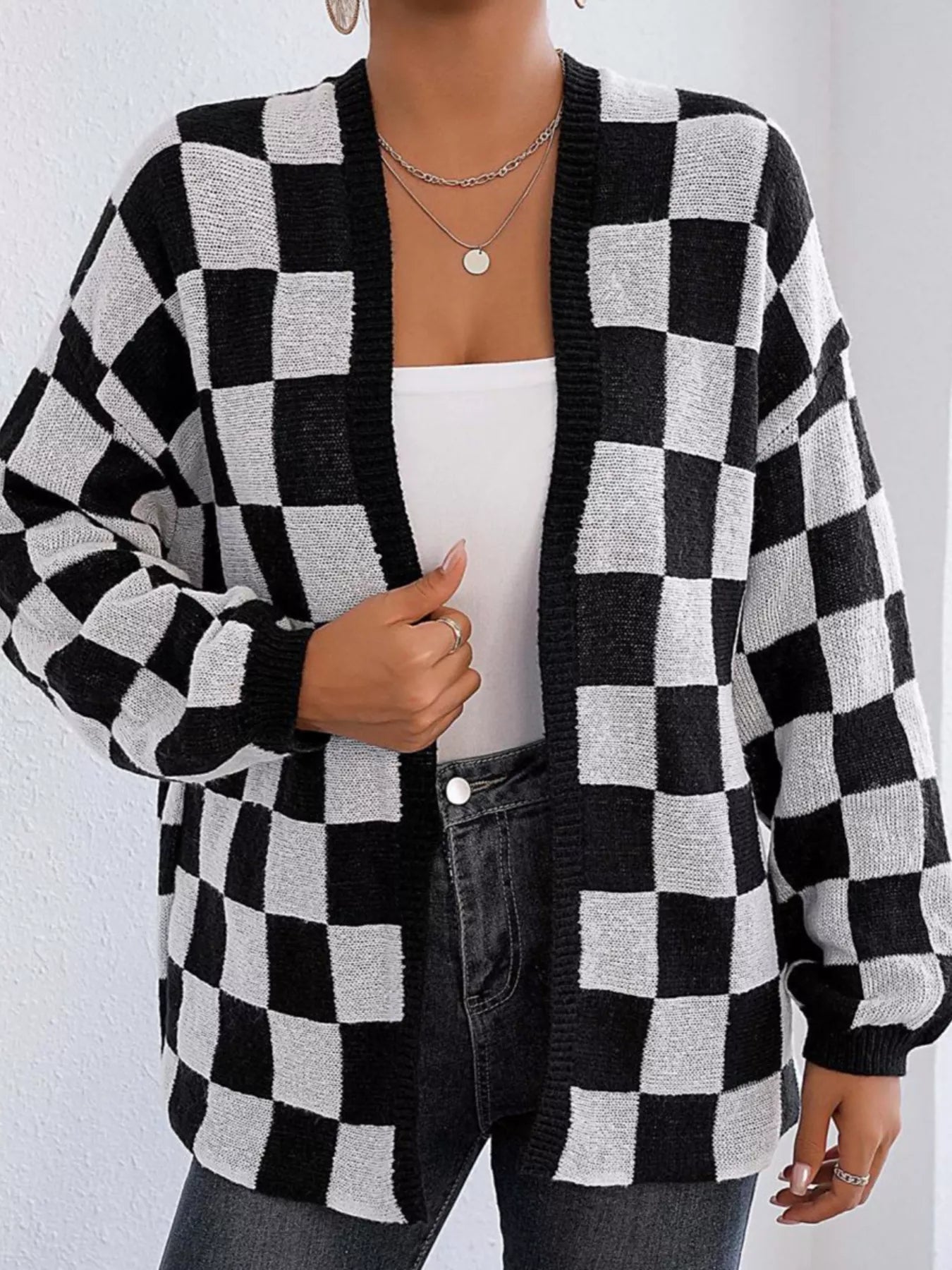 Checkerboard Pattern Open Front Knit Cardigan Black