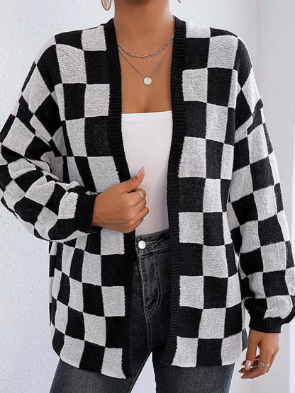 Checkerboard Pattern Open Front Knit Cardigan Black