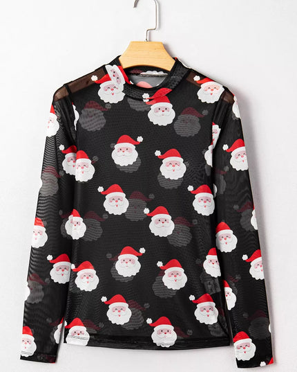 Christmas Santa Print Mesh Long Sleeve Top