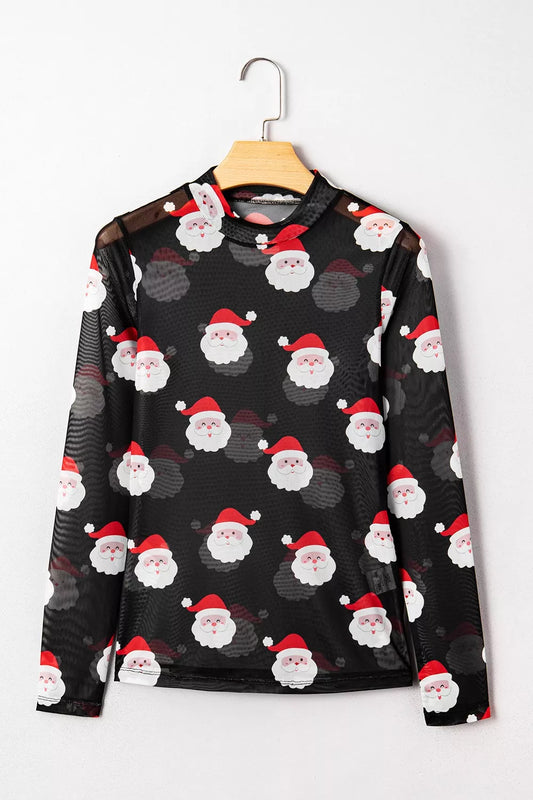 Christmas Santa Print Mesh Long Sleeve Top