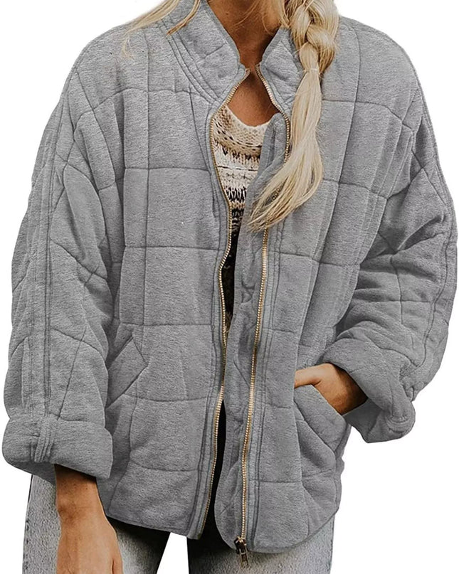 Full Size Zip Up Quilted Bomber Jacket Plus Size Light Gray