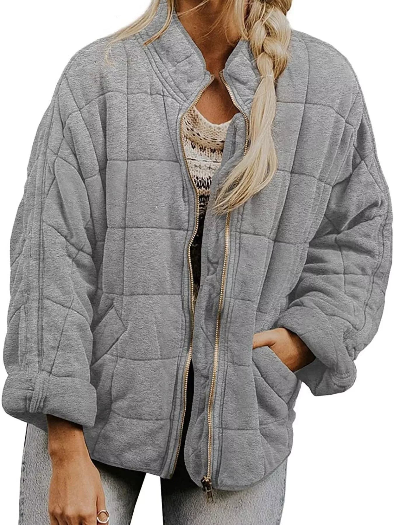 Full Size Zip Up Quilted Bomber Jacket Plus Size Light Gray