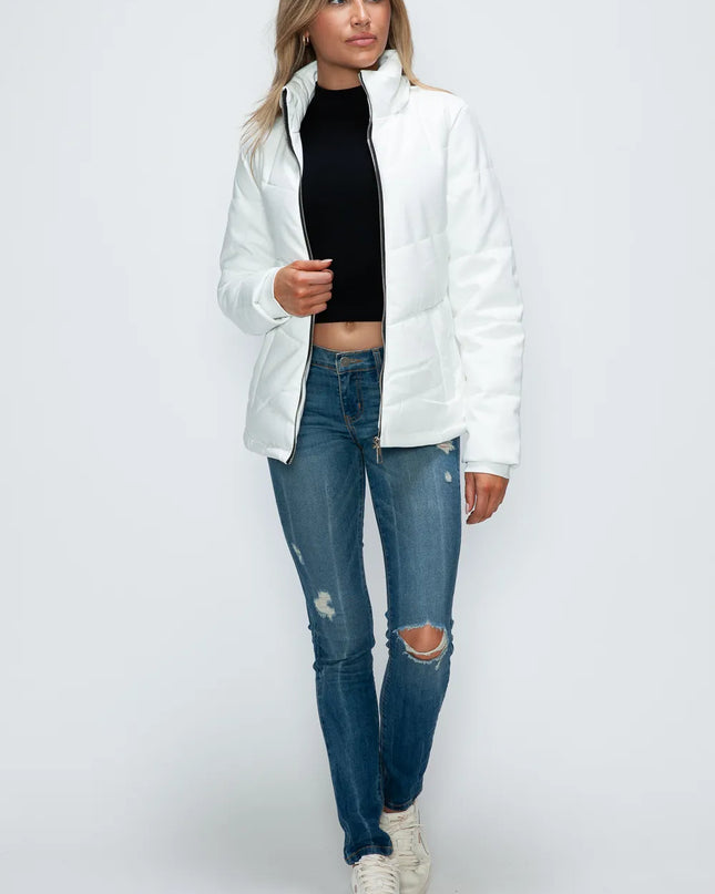 How Dare U Pocketed Zip Up Puffer Jacket with Removable Hood