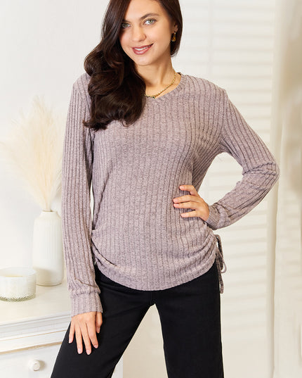 Double Take Drawstring Ribbed Long Sleeve T-Shirt Dark Gray