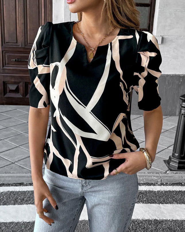 Abstract Print Puff Sleeve Notched Blouse