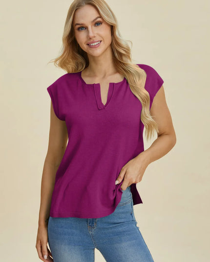 Double Take Full Size Notched Cap Sleeve Knit Top