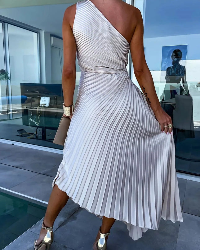 Full Size Single Shoulder Pleated Midi Dress Plus Size 