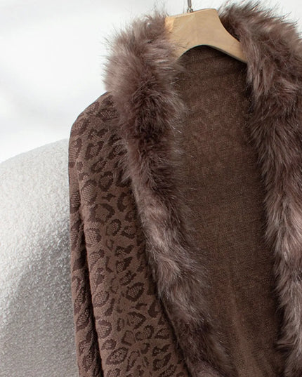 Fringe Leopard Open Front Long Sleeve Poncho