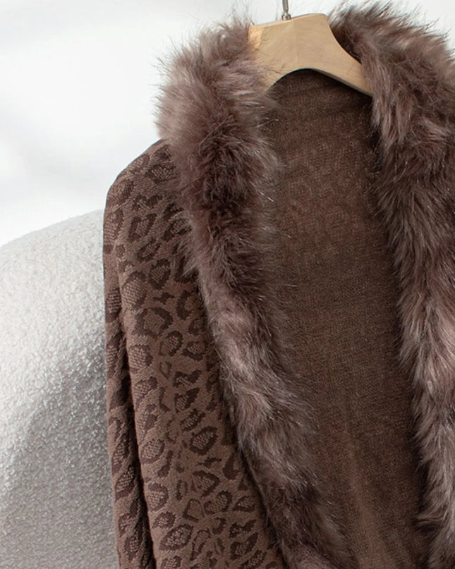 Fringe Leopard Open Front Long Sleeve Poncho