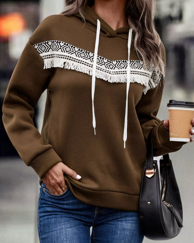 Fringe Detail Long Sleeve Drawstring Hoodie Taupe