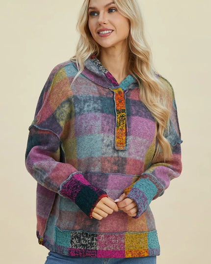 Double Take Full Size Plaid Dropped Shoulder Fleece Hoodie Heliotrope Purple