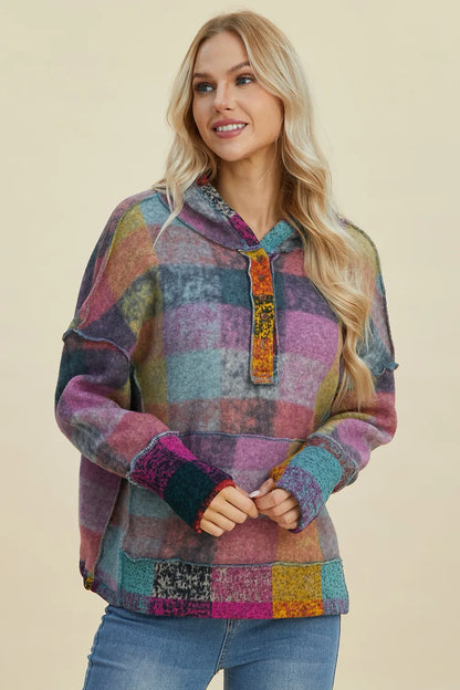 Double Take Full Size Plaid Dropped Shoulder Fleece Hoodie Heliotrope Purple