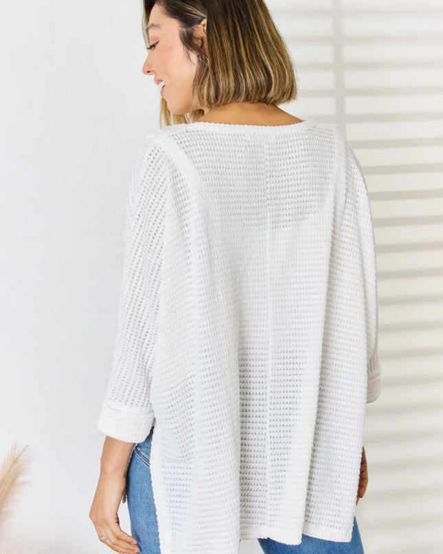 Zenana Full Size Waffle Knit V-Neck Long Sleeve Slit Top
