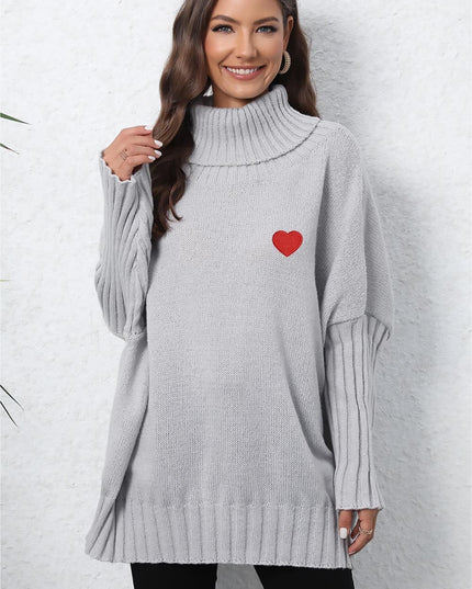 Turtle Neck Long Sleeve Ribbed Sweater Light Gray One Size