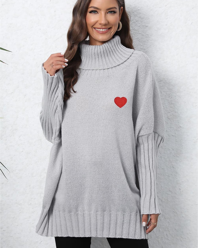 Turtle Neck Long Sleeve Ribbed Sweater Light Gray One Size