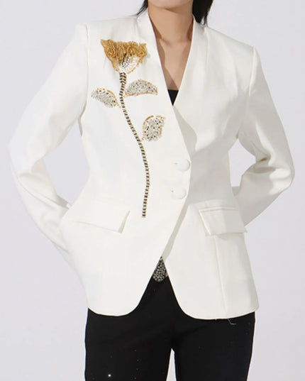 Flower Button Front Long Sleeve Blazer White