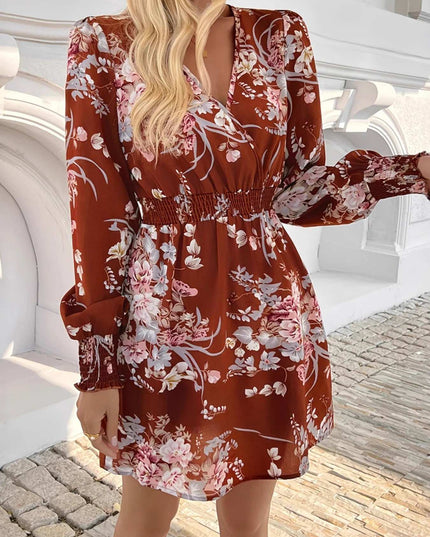 Floral Long Sleeve Mini Dress with Smocked Waist