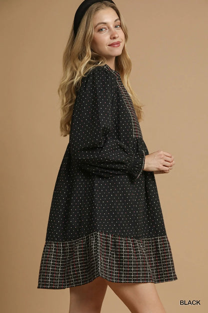 Umgee Polka Dot Plaid Trim Babydoll Dress