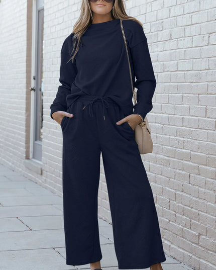 Double Take Full Size Textured Long Sleeve Top and Drawstring Pants Set Dark Blue