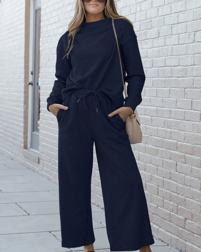 Double Take Full Size Textured Long Sleeve Top and Drawstring Pants Set Dark Blue