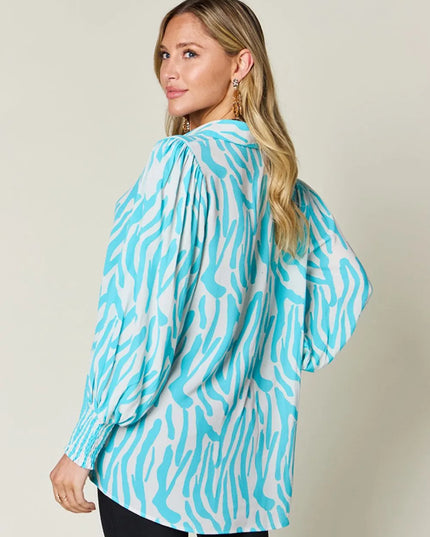 Double Take Full Size Printed Smocked Long Sleeve Blouse Plus Size
