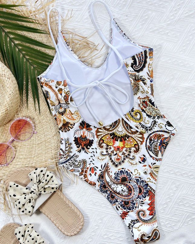 Printed Tie Back Scoop Neck One-Piece Swimsuit 