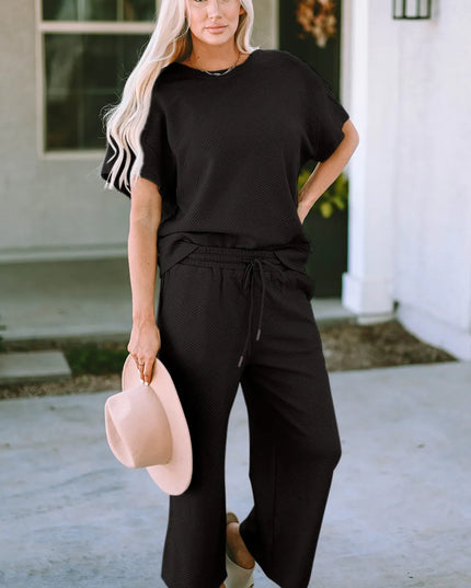 Double Take Full Size Texture Short Sleeve Top and Pants Set Black