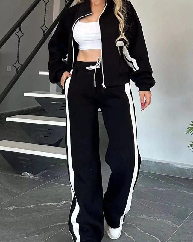 Full Size Contrast Stripe Zip Up Jacket and Pants Set Plus Size Black