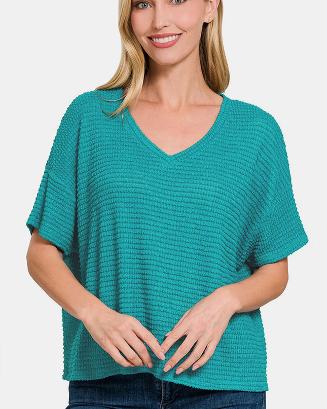 Zenana Drop Shoulder Short Sleeve Jacquard Knit Top Lt Teal