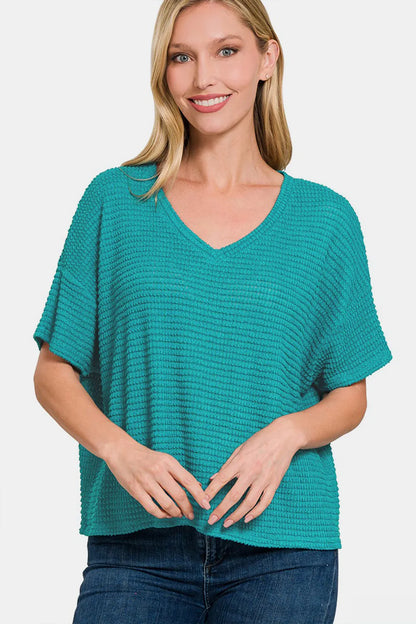 Zenana Drop Shoulder Short Sleeve Jacquard Knit Top Lt Teal