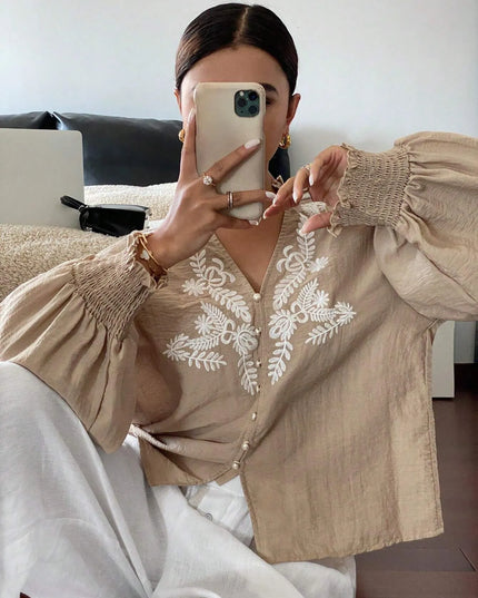 Embroidered Lantern Sleeve Blouse