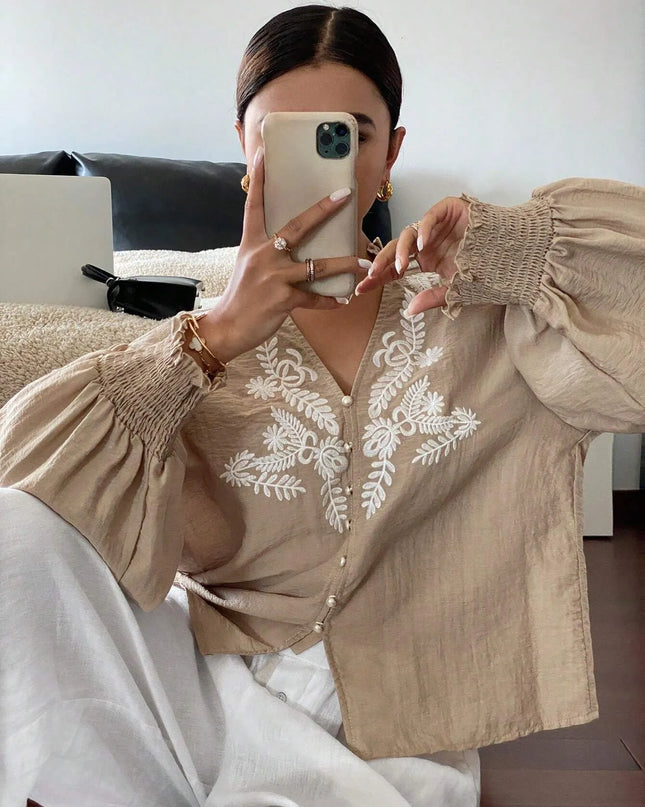 Embroidered Lantern Sleeve Blouse