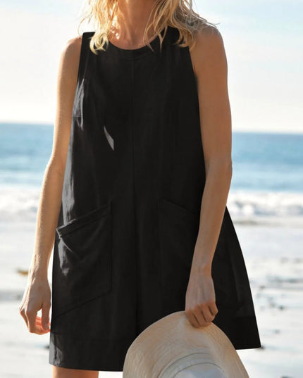 Lovelet Round Neck Sleeveless Romper with Pockets Black