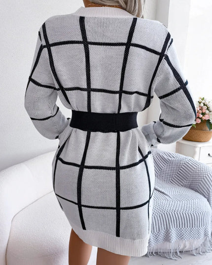 Plaid Round Neck Dropped Shoulder Sweater Dress
