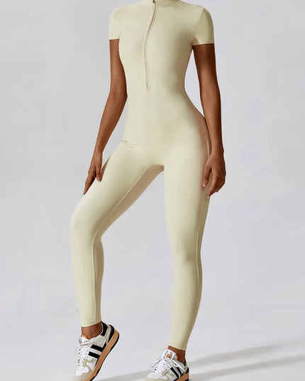 Basic Bae Half Zip Short Sleeve Active Jumpsuit 