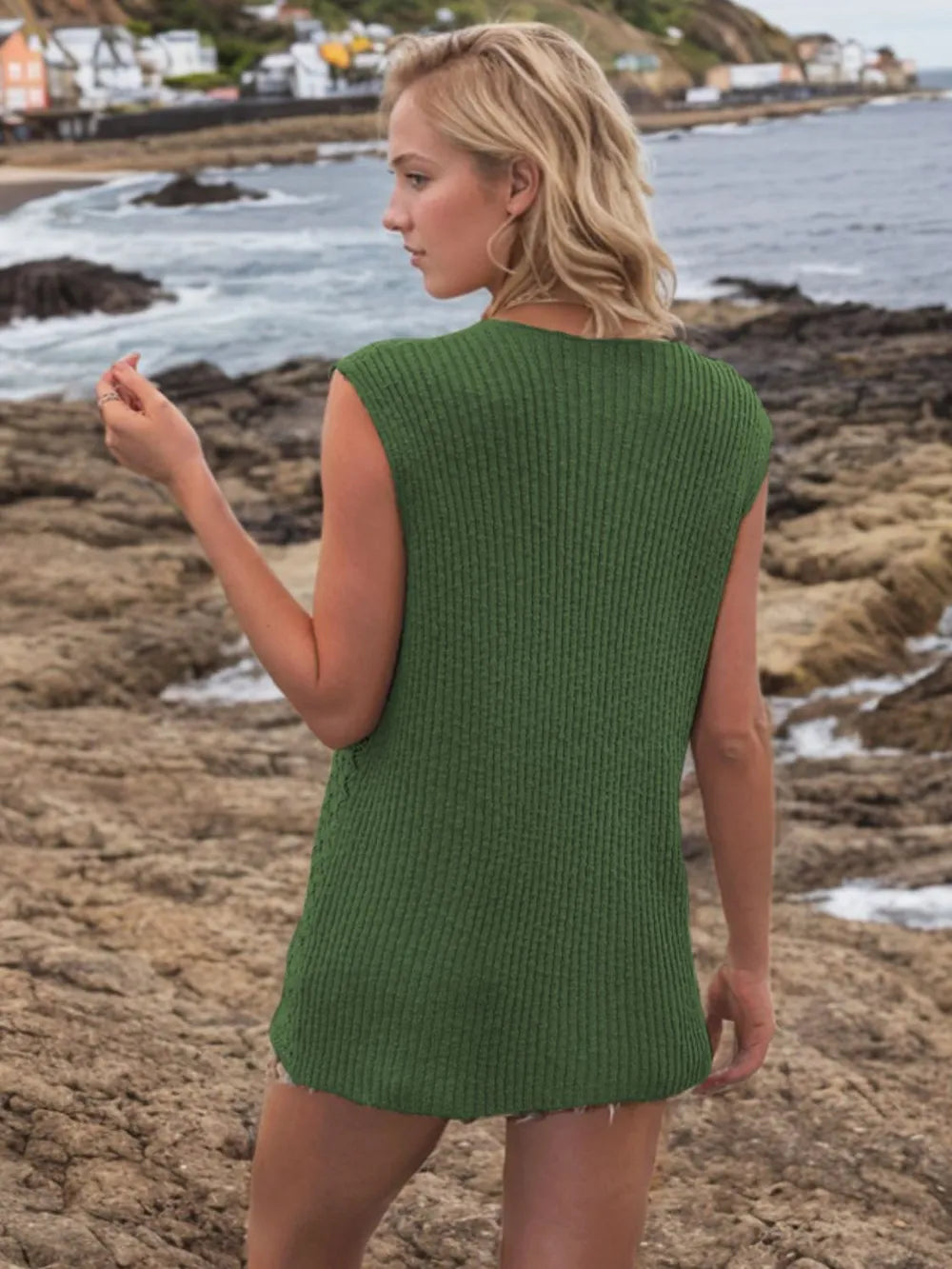 Button Down Eyelet V-Neck Sweater Vest