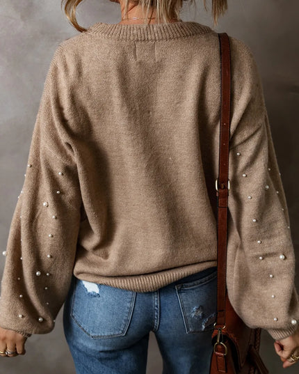 Pearl Detail Round Neck Long Sleeve Sweater