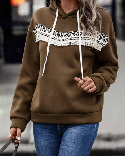 Fringe Detail Long Sleeve Drawstring Hoodie