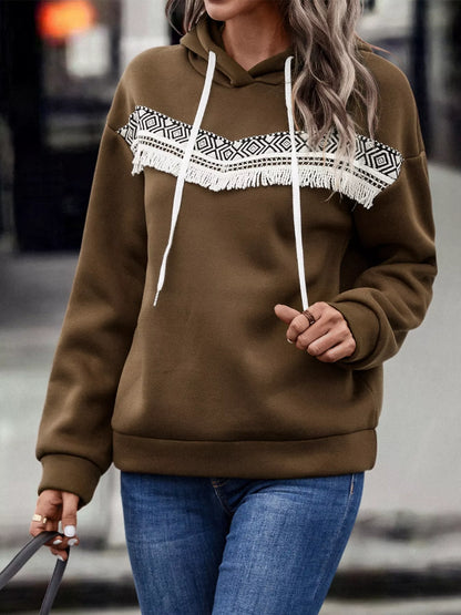 Fringe Detail Long Sleeve Drawstring Hoodie