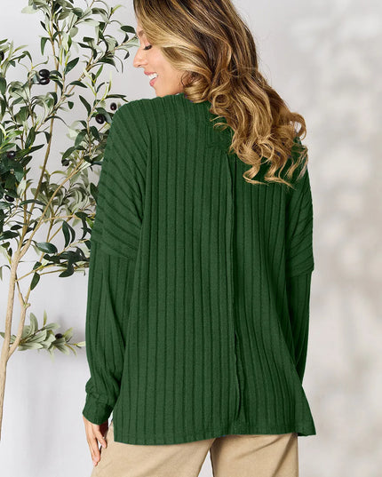 Basic Bae Full Size Ribbed Round Neck Slit Knit Top