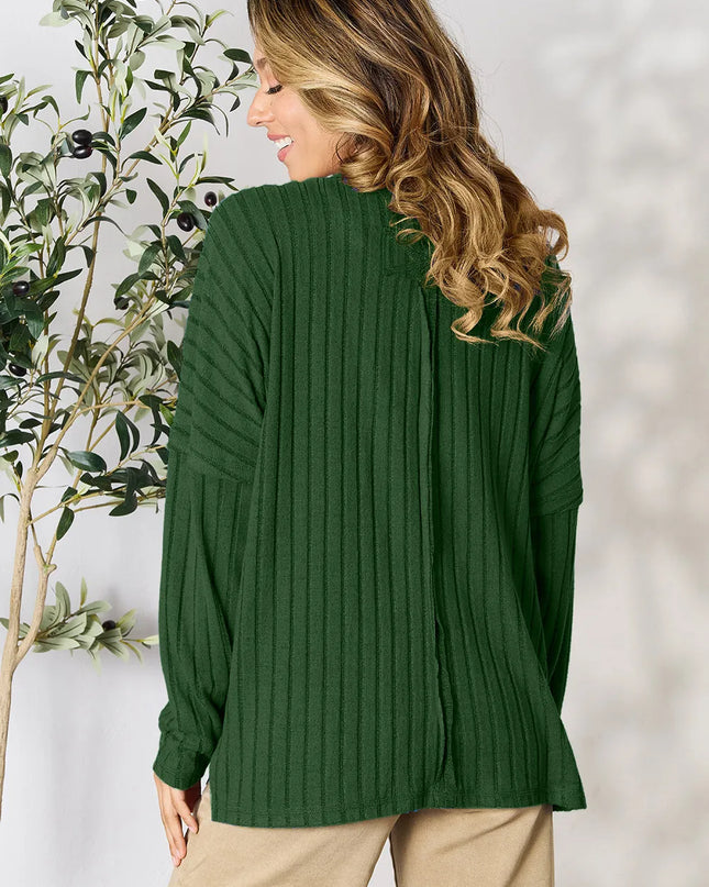 Basic Bae Full Size Ribbed Round Neck Slit Knit Top