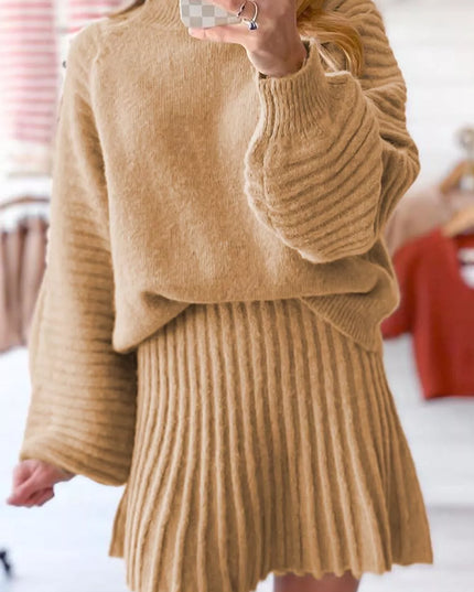 Ribbed Knit Long Sleeve Top and Skirt Sweater Set Tan