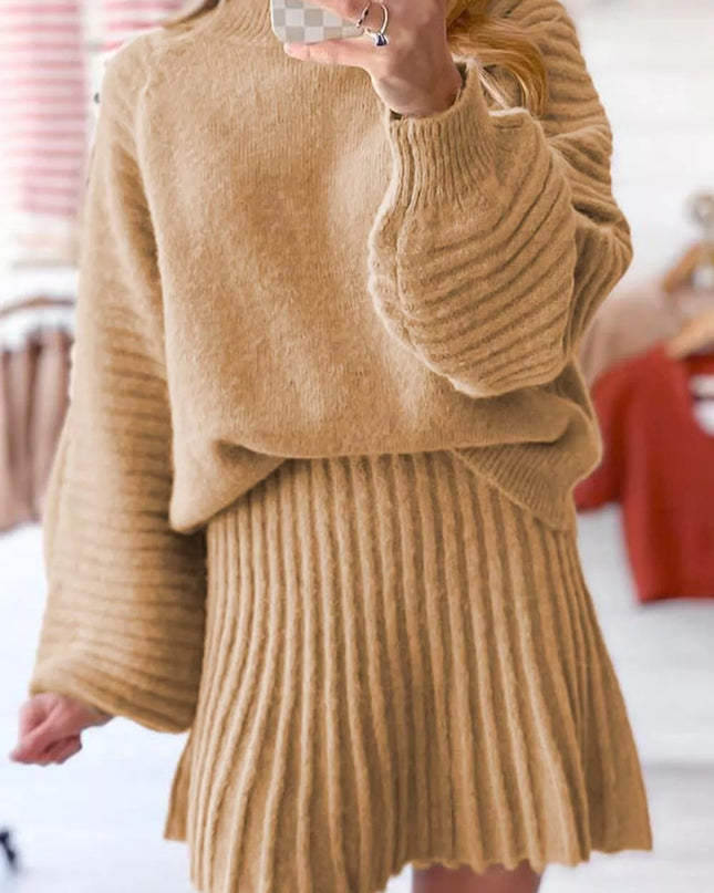 Ribbed Knit Long Sleeve Top and Skirt Sweater Set Tan