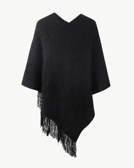Pearl Trim V-Neck Fringe Hem Poncho