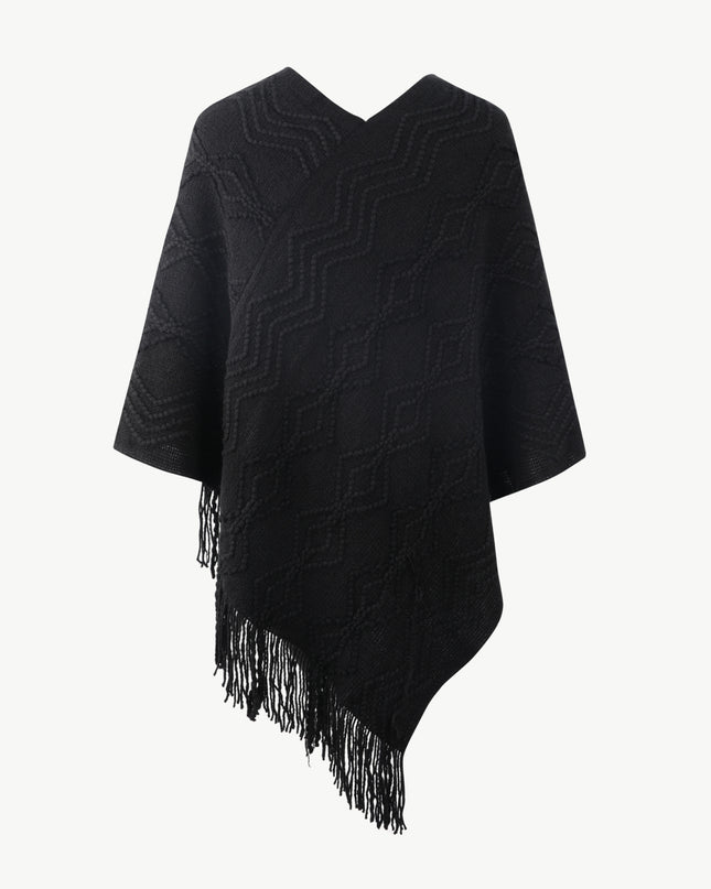 Pearl Trim V-Neck Fringe Hem Poncho