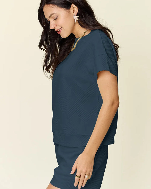 Double Take Full Size Texture Short Sleeve T-Shirt and Drawstring Shorts Set 