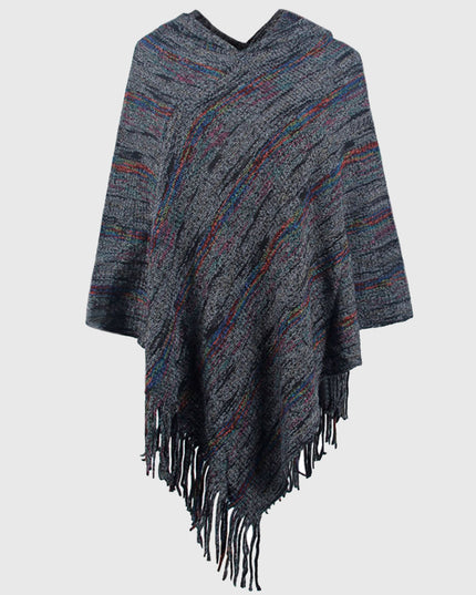 Fringe Hem Hooded Poncho Black One Size